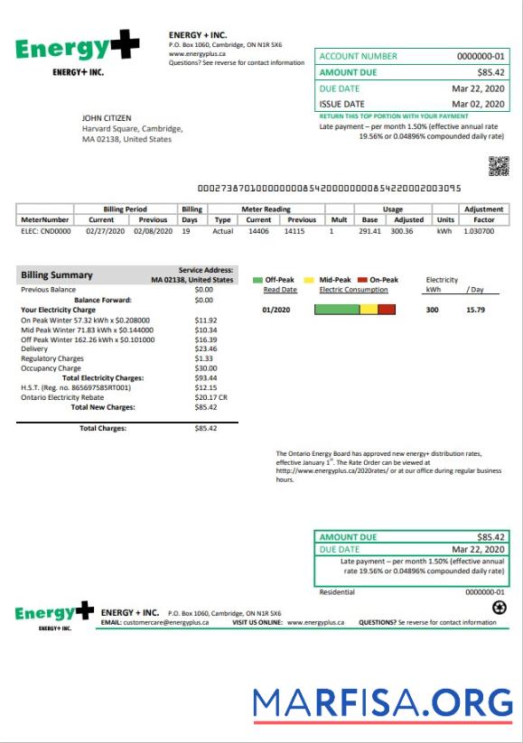 Blank USA Massachusetts Energy Plus electricity utility bill template in Word and PDF format